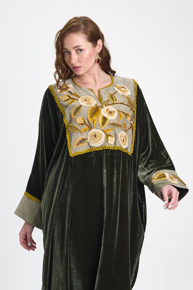 Silk Velvet Fabric and Antique Detailed Green Color Dress