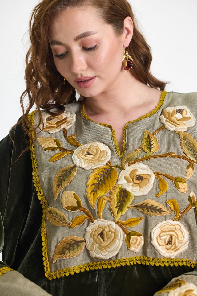 Silk Velvet Fabric and Antique Detailed Green Color Dress