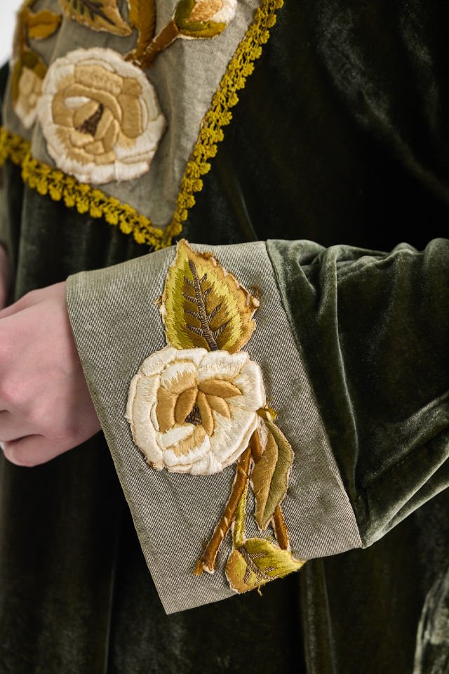 Silk Velvet Fabric and Antique Detailed Green Color Dress