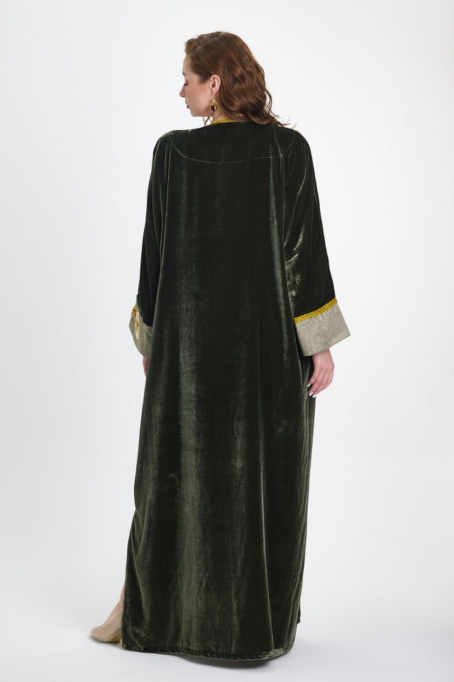 Silk Velvet Fabric and Antique Detailed Green Color Dress