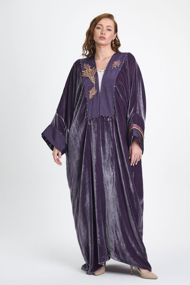 Silk Velvet  and Antique Gold Embroidery Purple Color Abaya