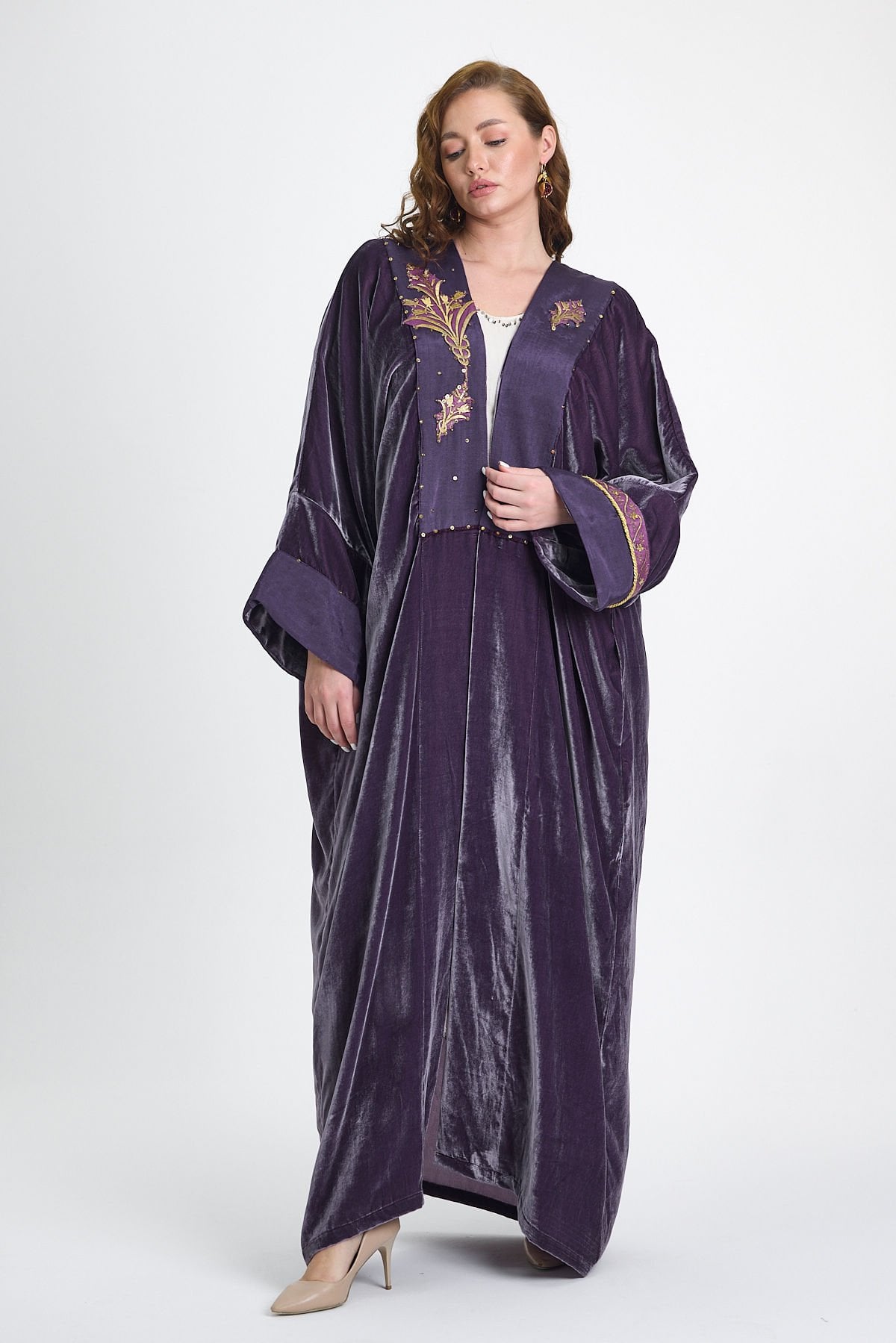 Silk Velvet  and Antique Gold Embroidery Purple Color Abaya