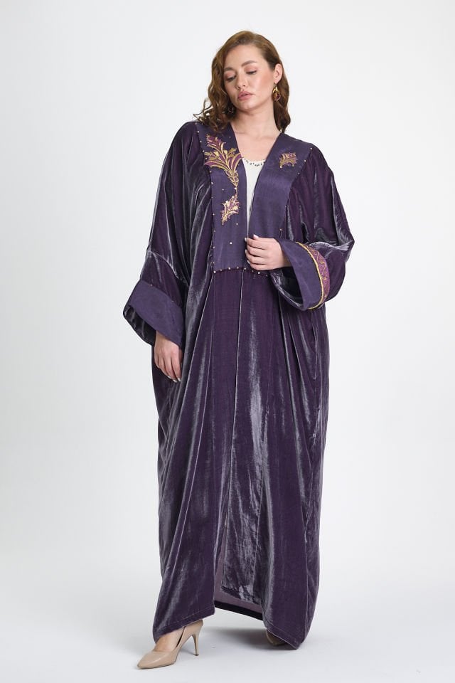 Silk Velvet  and Antique Gold Embroidery Purple Color Abaya