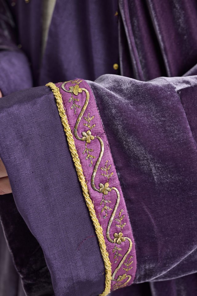 Silk Velvet  and Antique Gold Embroidery Purple Color Abaya