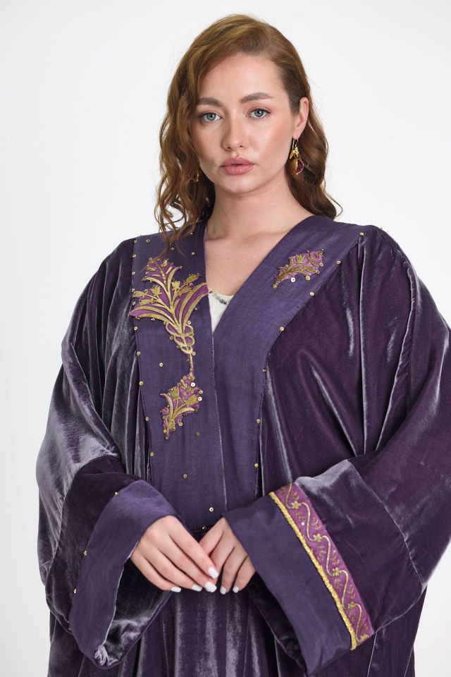 Silk Velvet  and Antique Gold Embroidery Purple Color Abaya