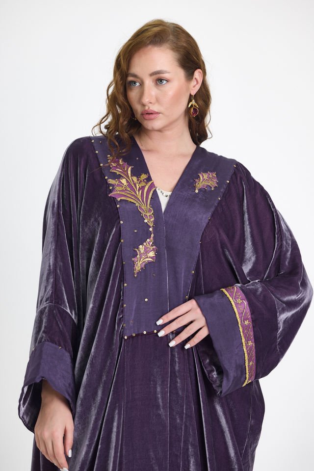 Silk Velvet  and Antique Gold Embroidery Purple Color Abaya