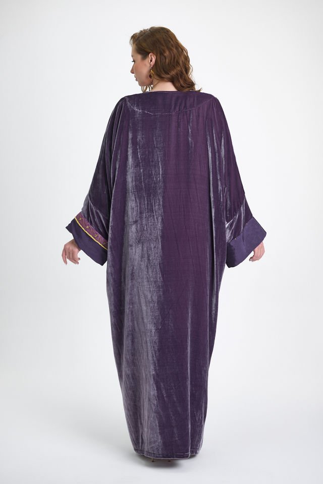 Silk Velvet  and Antique Gold Embroidery Purple Color Abaya