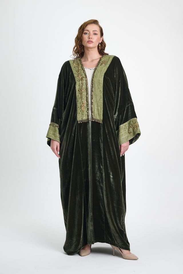 Silk - Velvet  and Ottoman Gold Embroidery Green Color Abaya