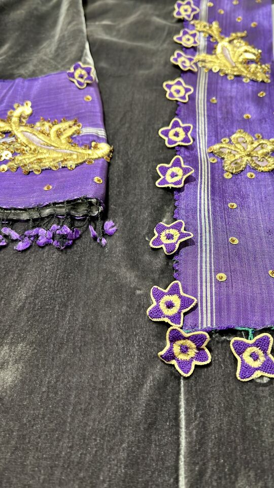 Silk - Velvet  and Ottoman Antique Gold Embroidery Dark Gray Color Abaya