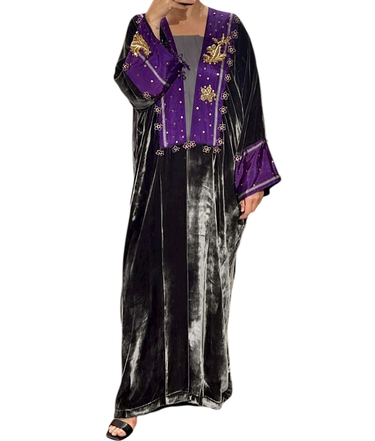 Silk - Velvet  and Ottoman Antique Gold Embroidery Dark Gray Color Abaya