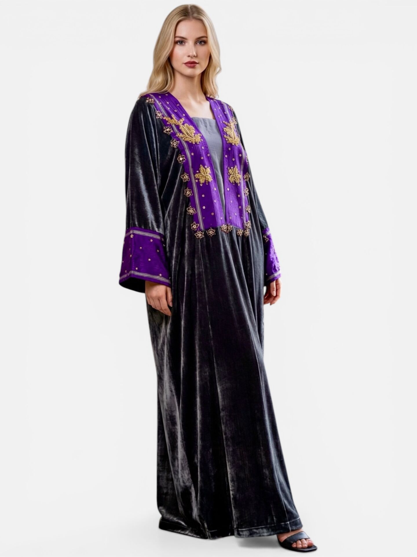 Silk - Velvet  and Ottoman Antique Gold Embroidery Dark Gray Color Abaya