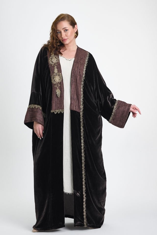 Silk - Velvet and Ottoman Gold Embroidery Brown Color Abaya