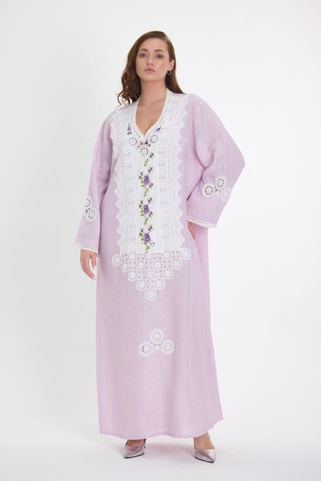 Lilac Linen Antique Fabric and Lace Embroidered Dress