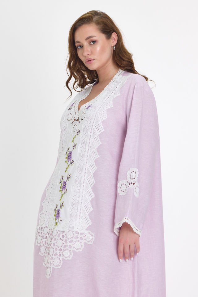 Lilac Linen Antique Fabric and Lace Embroidered Dress