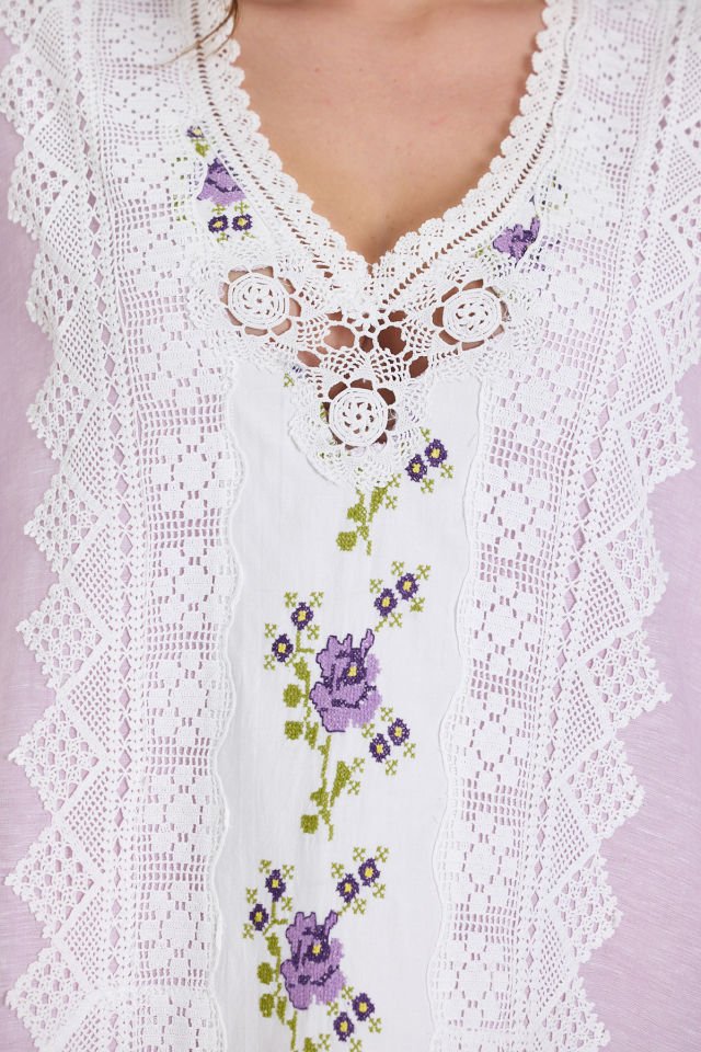 Lilac Linen Antique Fabric and Lace Embroidered Dress