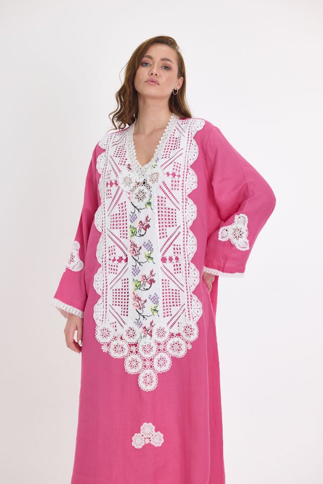 Pink Linen Antique Fabric and Lace Embroidered Dress