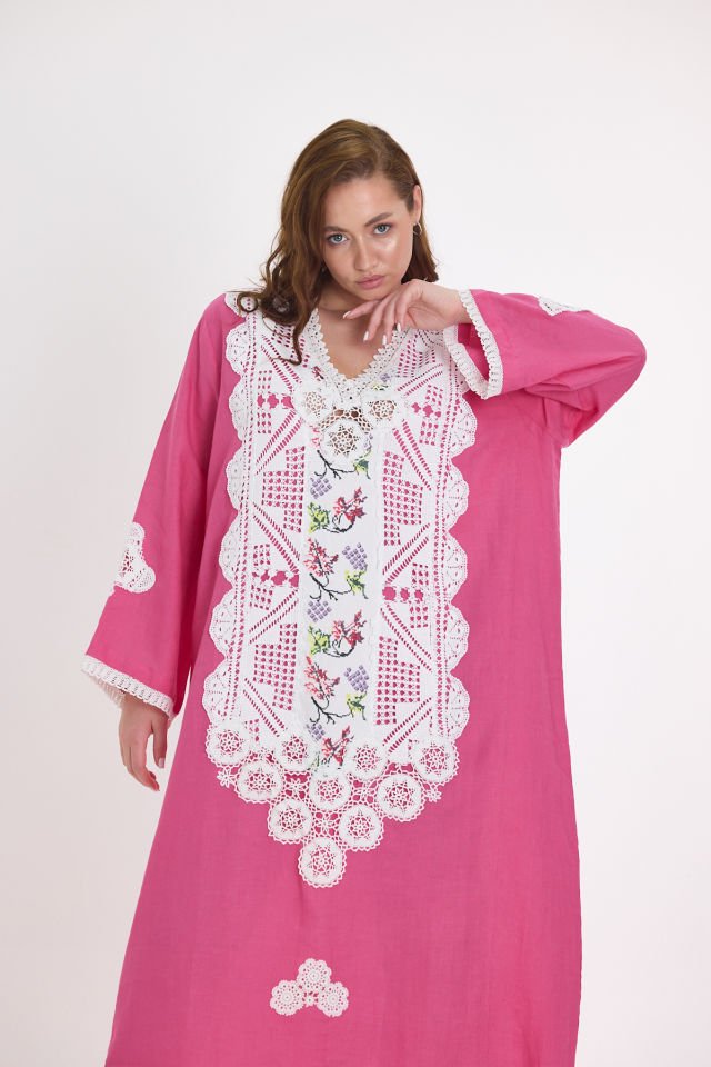 Pink Linen Antique Fabric and Lace Embroidered Dress