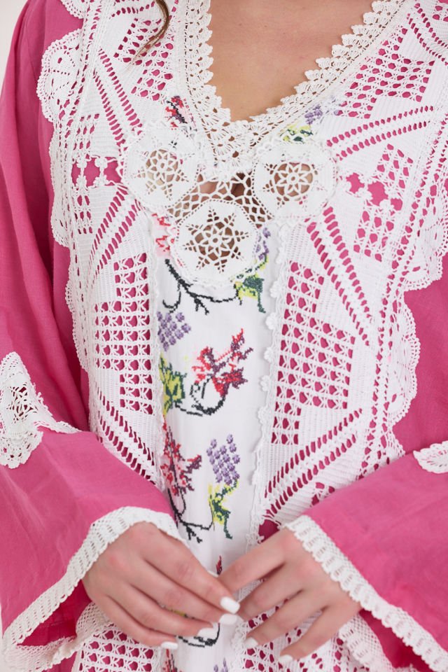 Pink Linen Antique Fabric and Lace Embroidered Dress