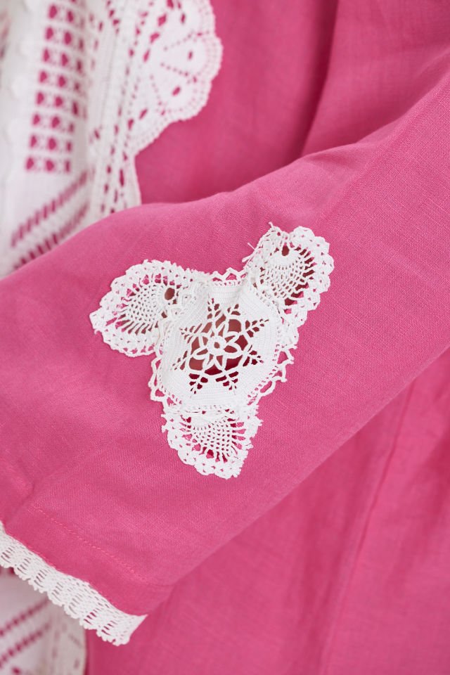 Pink Linen Antique Fabric and Lace Embroidered Dress