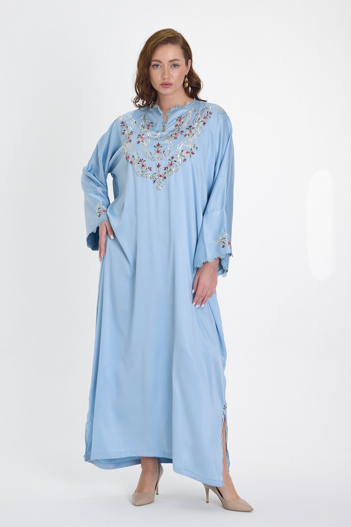 Blue Silk and Sarma With Silver Thread Embroidery on Silk Fabric Dress