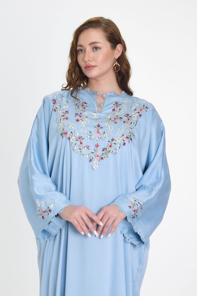 Blue Silk and Sarma With Silver Thread Embroidery on Silk Fabric Dress