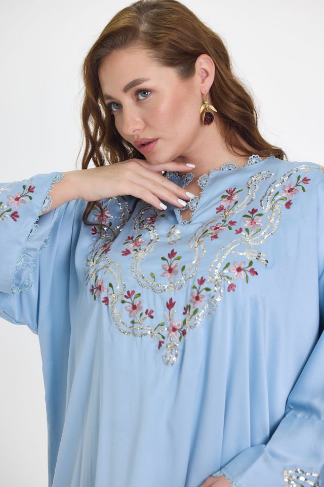 Blue Silk and Sarma With Silver Thread Embroidery on Silk Fabric Dress