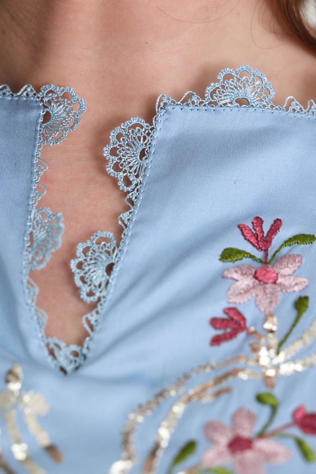 Blue Silk and Sarma With Silver Thread Embroidery on Silk Fabric Dress