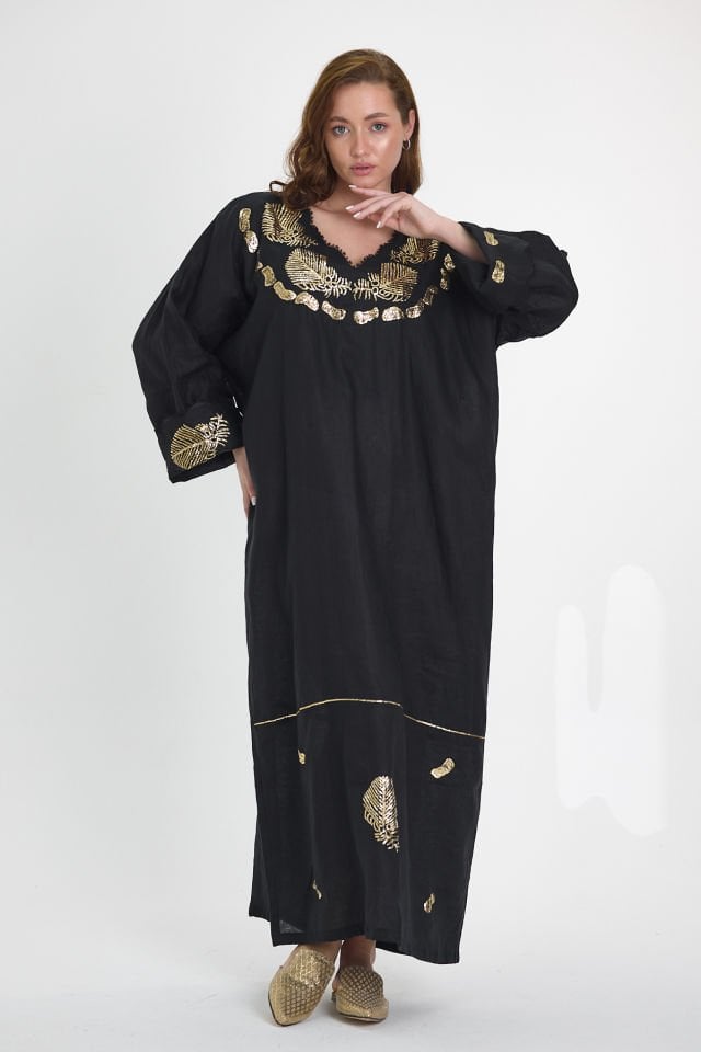 Silk and Sarma Black Linen Fabric Dress with Gold Plated Silver Thread Embroidery