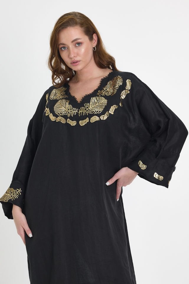 Silk and Sarma Black Linen Fabric Dress with Gold Plated Silver Thread Embroidery