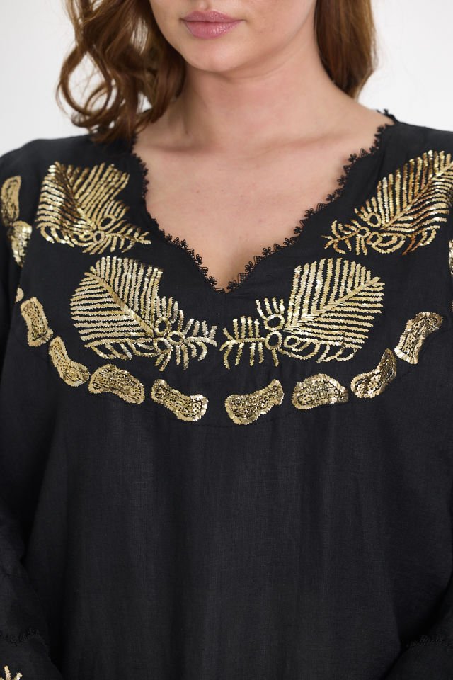 Silk and Sarma Black Linen Fabric Dress with Gold Plated Silver Thread Embroidery