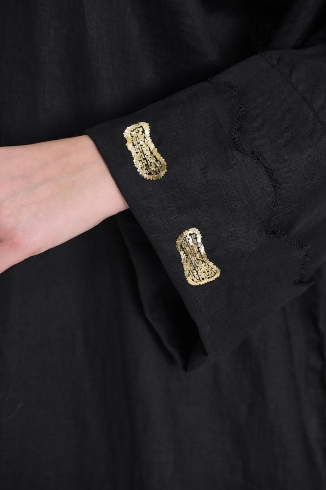 Silk and Sarma Black Linen Fabric Dress with Gold Plated Silver Thread Embroidery