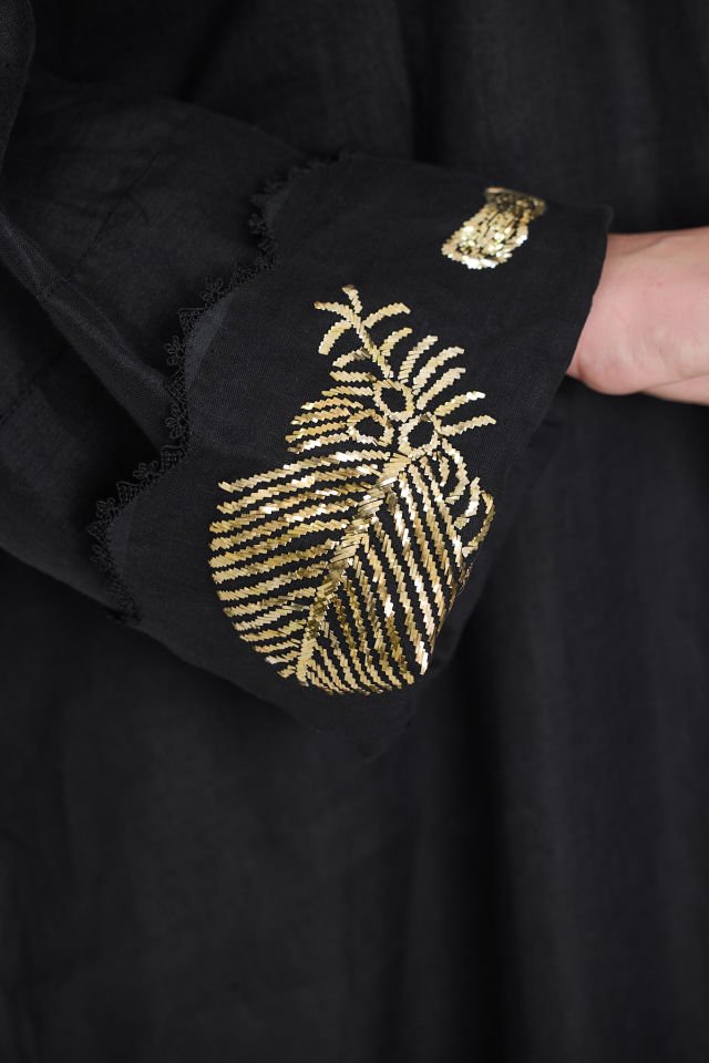 Silk and Sarma Black Linen Fabric Dress with Gold Plated Silver Thread Embroidery