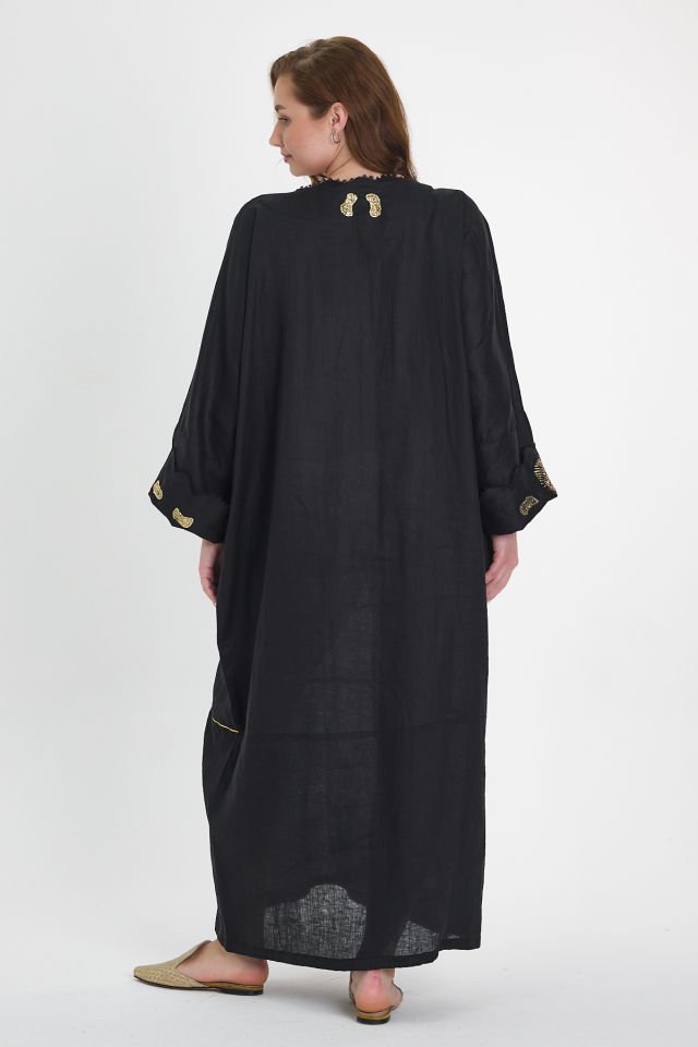 Silk and Sarma Black Linen Fabric Dress with Gold Plated Silver Thread Embroidery