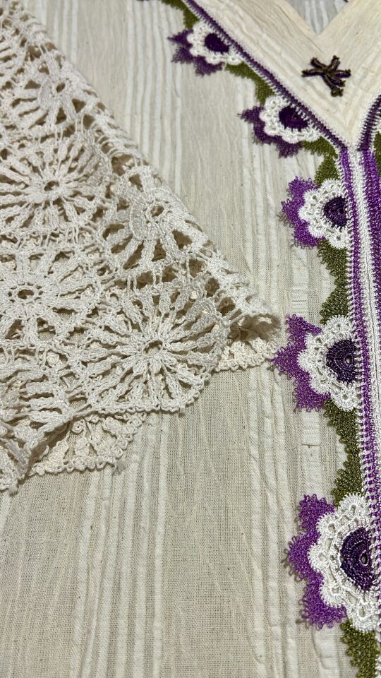 Antique Handwoven Cotton Jalabiya with Crochet Lace and Gold Wire Applique