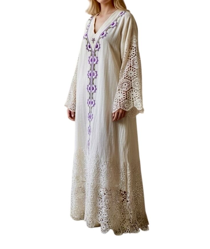 Antique Handwoven Cotton Jalabiya with Crochet Lace and Gold Wire Applique