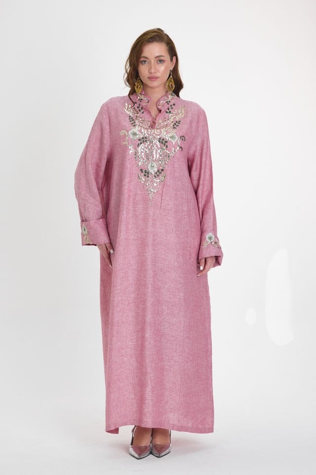Silk and Sarma Linen Fabric Dress with Silver Thread Embroidery