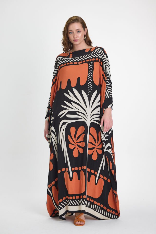 Viscose Cotton Blend Kaftan with Bold Botanical Pattern