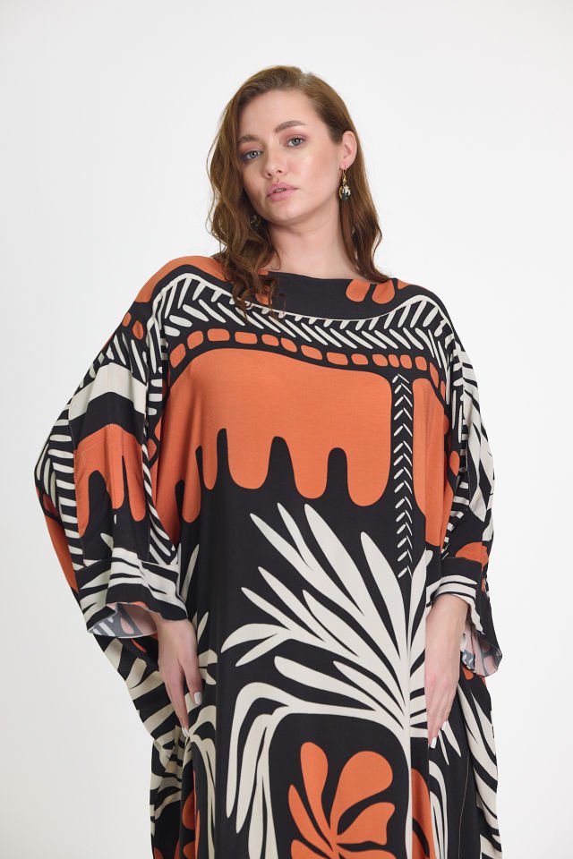 Viscose Cotton Blend Kaftan with Bold Botanical Pattern