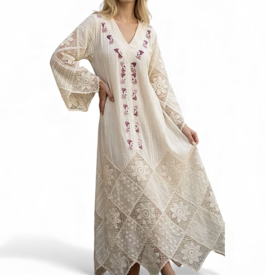 Handmade Hand-Woven Fabric Special Design Our Dress Blended With Beautiful Lace