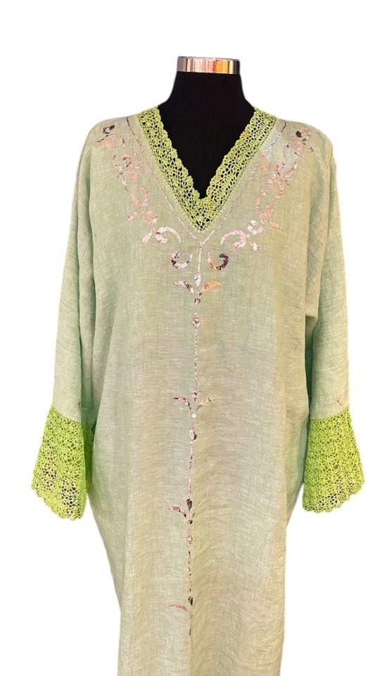 Green Color Crochet and Sarma with Silver Thread Special Design Handmade Dress