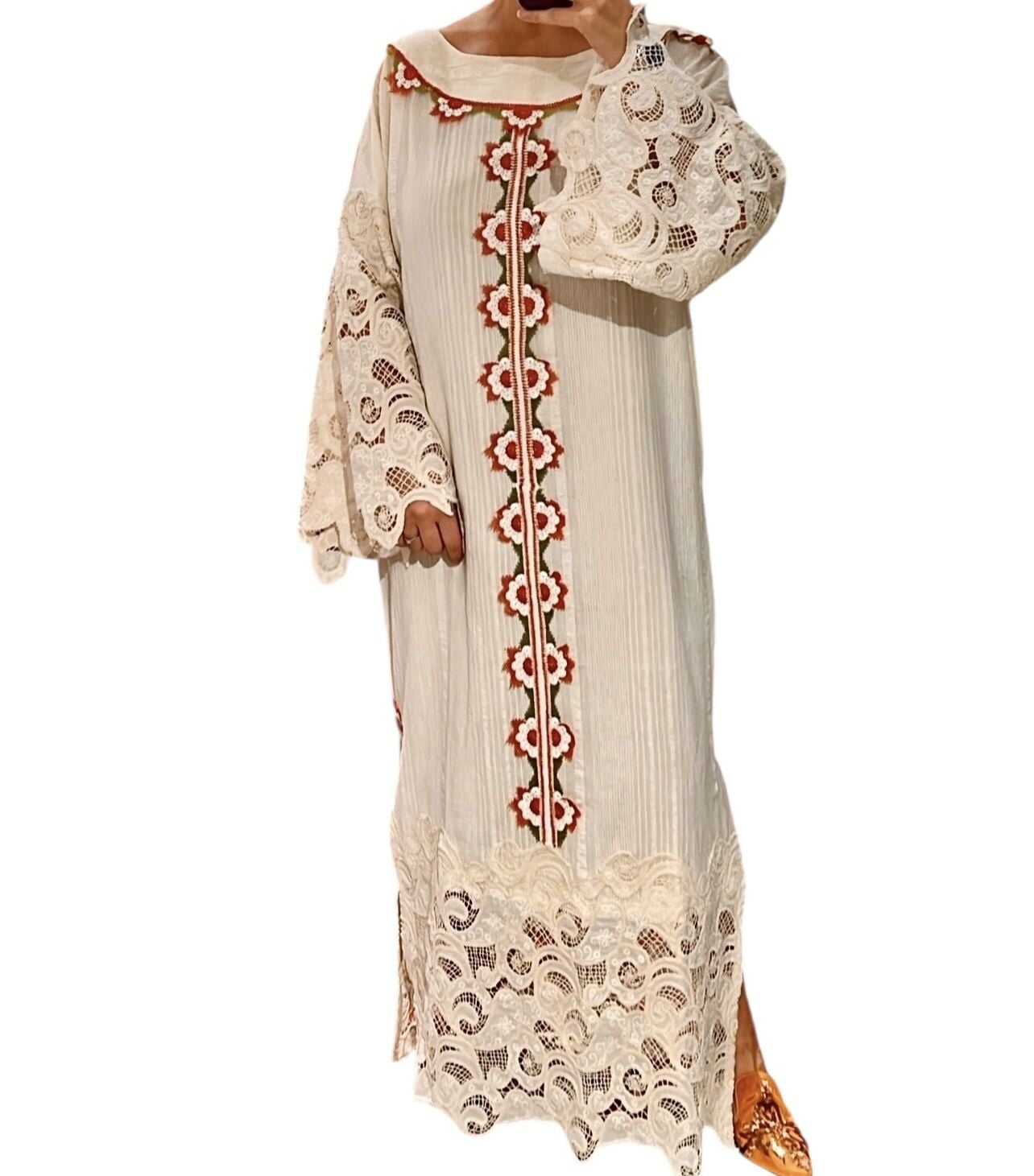 Broken White Handwoven Antique Cotton Jalabiya with Lace Details