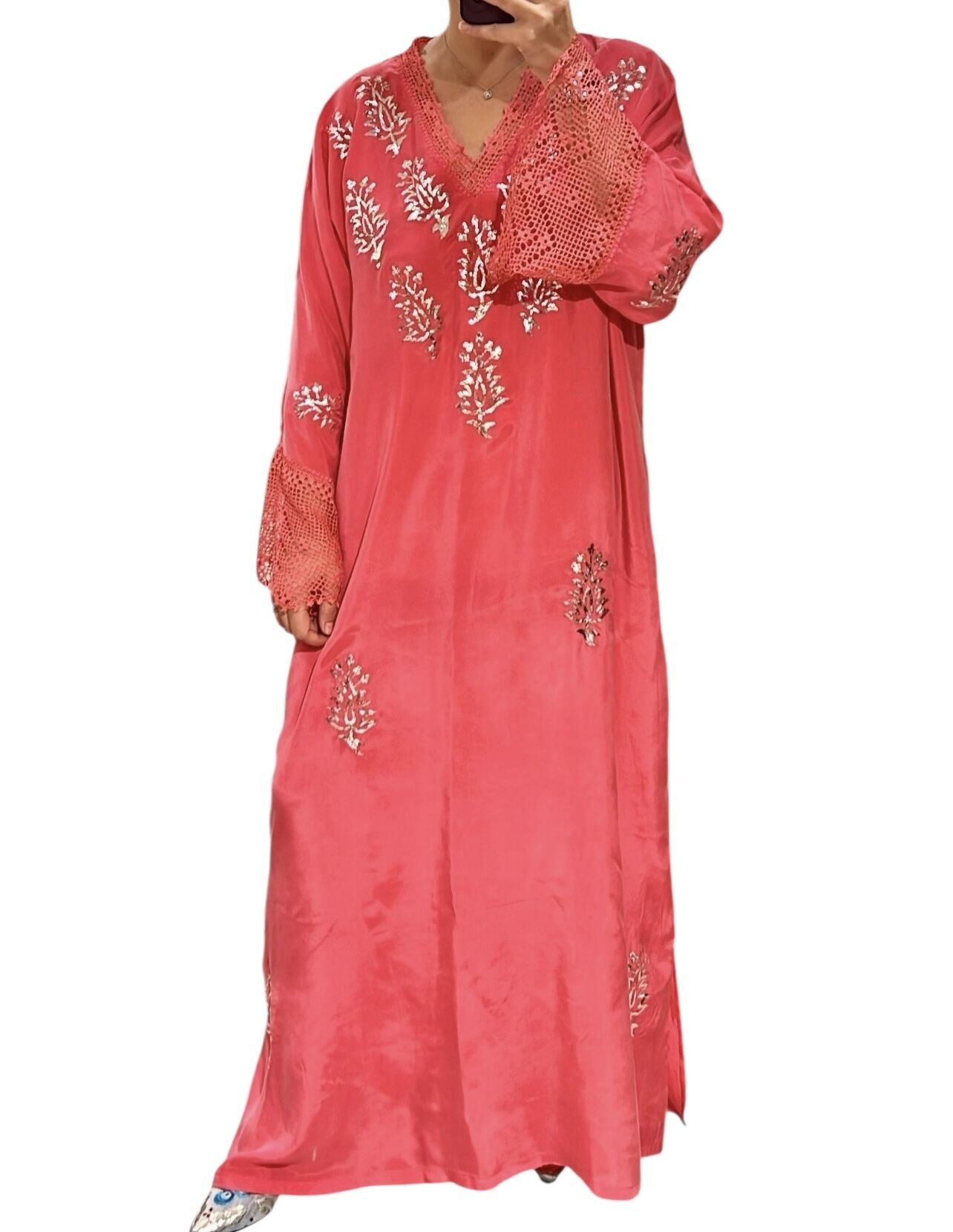 Washed Silk Dress with Hand Embroidery & Crochet Lace Sleeves