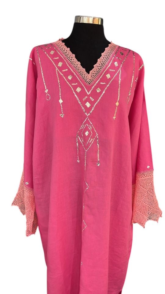 Pink Color Crochet and Sarma with Silver Thread Special Design Handmade Dress