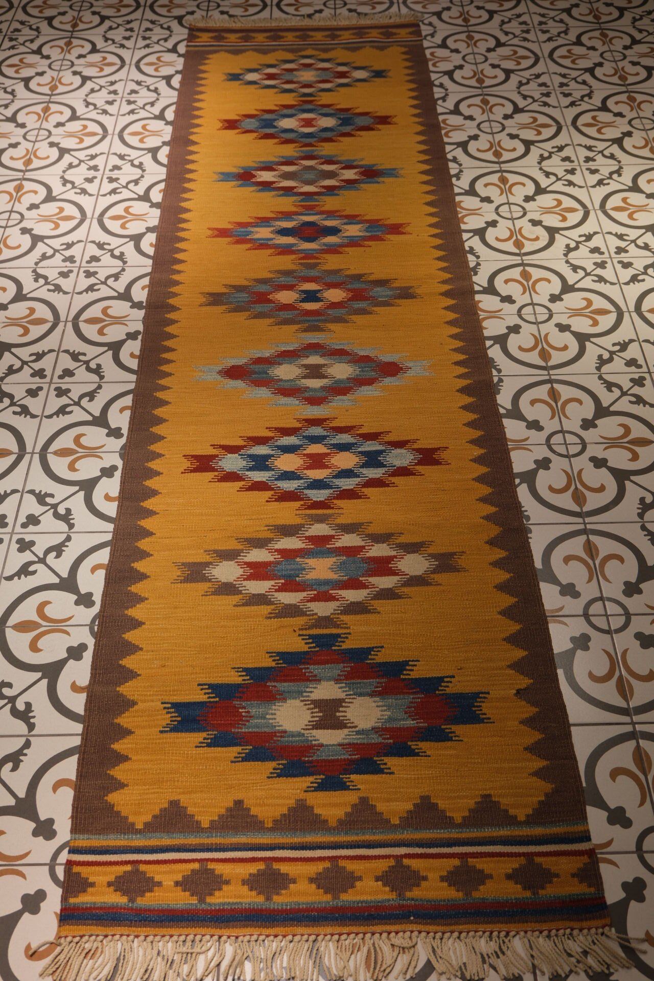 Aegean Handwoven Wool Runner Rug – Geometric Anatolian Medallion Design