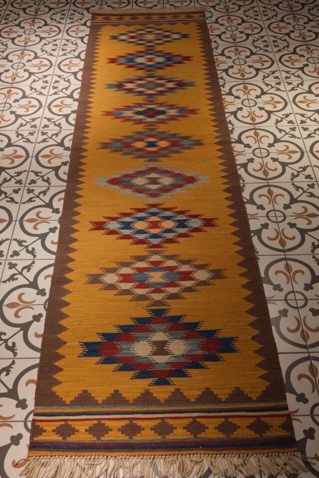 Aegean Handwoven Wool Runner Rug – Geometric Anatolian Medallion Design