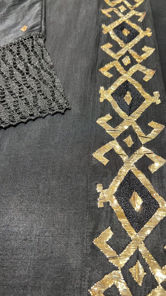 Black Washed Silk Abaya with Gold Geometric Sarma Embroidery & Crochet Sleeves