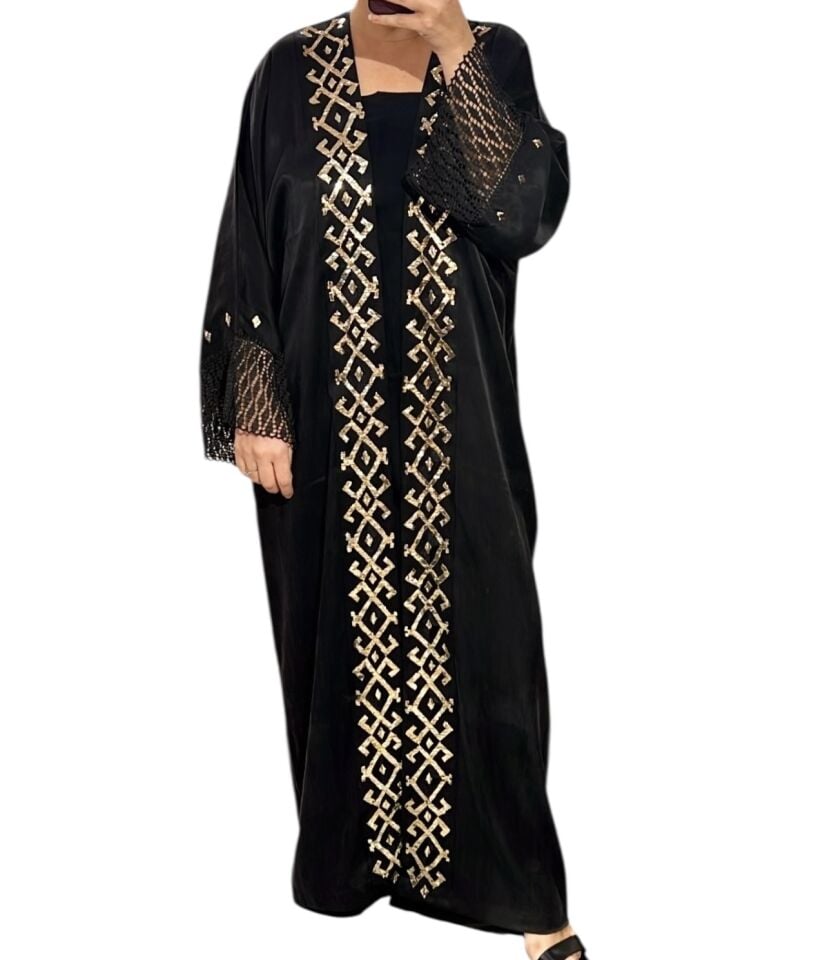 Black Washed Silk Abaya with Gold Geometric Sarma Embroidery & Crochet Sleeves