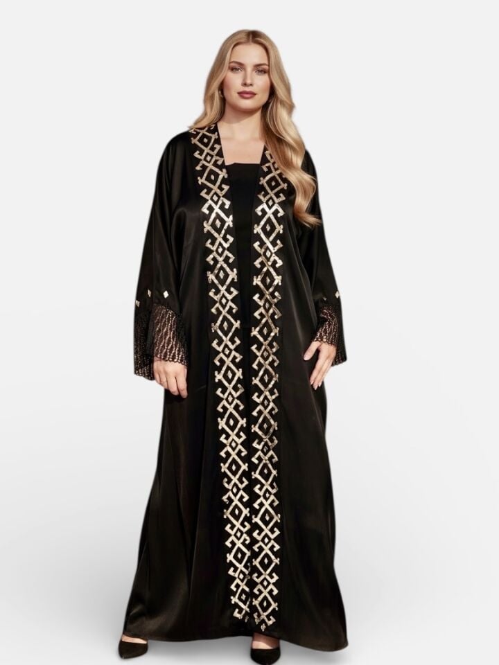 Black Washed Silk Abaya with Gold Geometric Sarma Embroidery & Crochet Sleeves