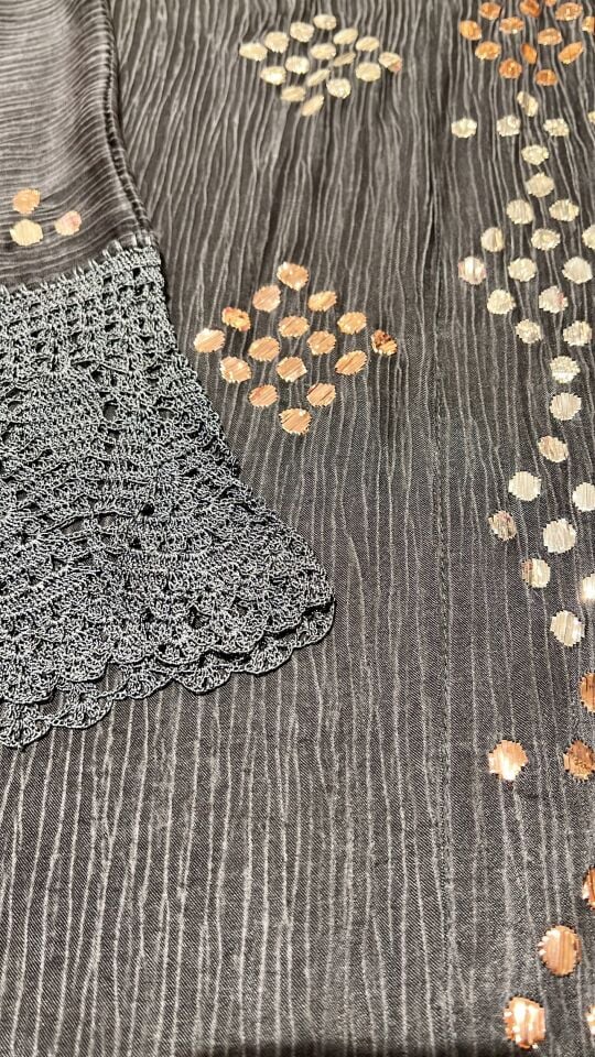 Anthracite Grey Washed Silk Abaya with Silver Copper Geometric Embroidery & Crochet Lace Sleeves