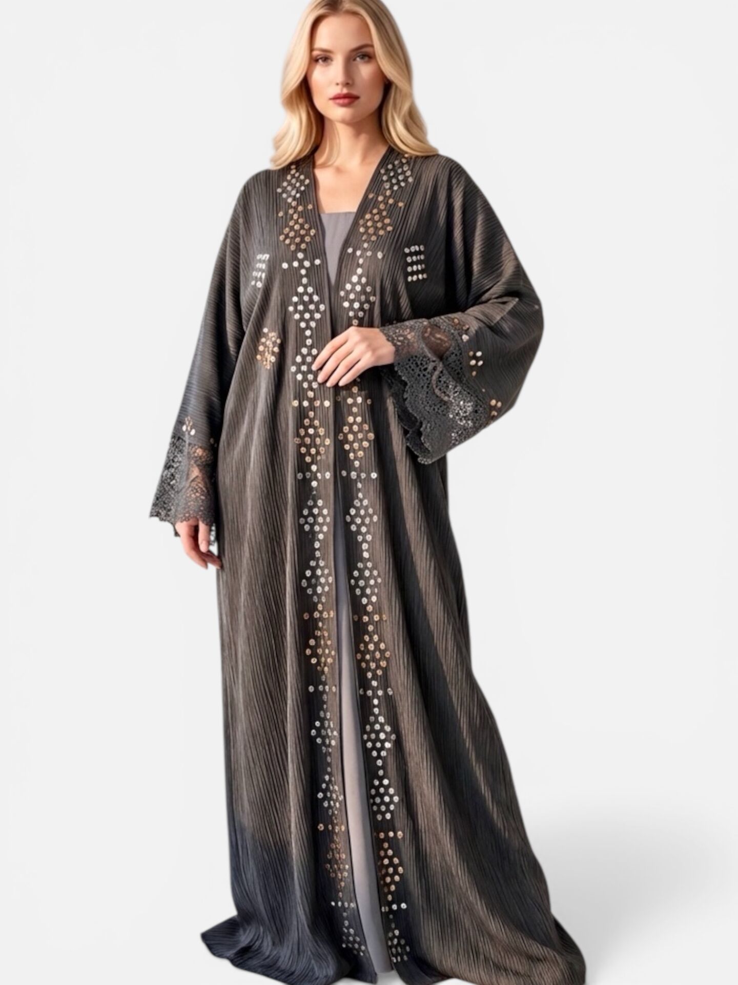 Anthracite Grey Washed Silk Abaya with Silver Copper Geometric Embroidery & Crochet Lace Sleeves